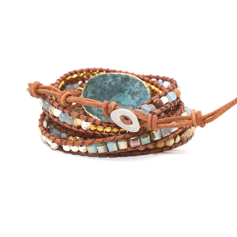 

Leather Beaded Wrap Bracelet Unique Onyx with Blue Ocean Stone 5 Strands Wrap Bracelets Handmade Boho Weaving Bracelet
