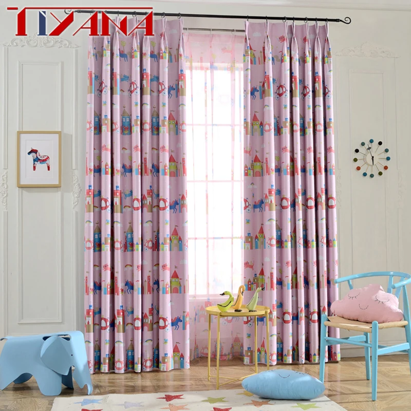 Cortinas rosadas opacas para niños niñas dormitorio azul dibujos animados Castillo Cortinas para niños habitación impresión Cortinas y gasa WP253 y 20