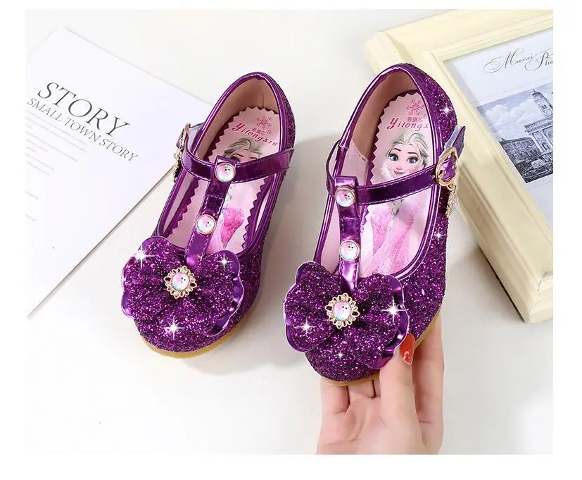 Sapatos de Casamento Sandálias de Salto Sapatos de Festa Moda com Arco Meninas Brilhar Nova Marca Alto Crianças Elsa Princesa Crianças Dança da 15 dança crianças moda festa sapatos com arco