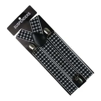 

Winfox 3.5cm Wide Black White Unisex Houndstooth Adjustable Back Suspenders Unisex Elastic Wedding Braces Men Women