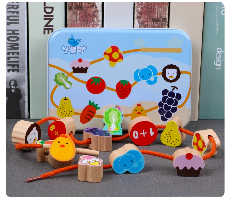 Кампешевого деревянные игрушки ребенок DIY игрушка с рисунками фруктов животных струн Threading деревянные бусины игрушка Monterssori образования
