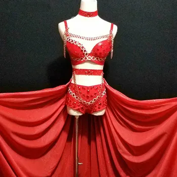 

Women's Nightclub Stage Wear Bodysuit Skirt Red Sequins Bright Birthday Party Dresses Female Full Diamond DJ Train Sexy Costume