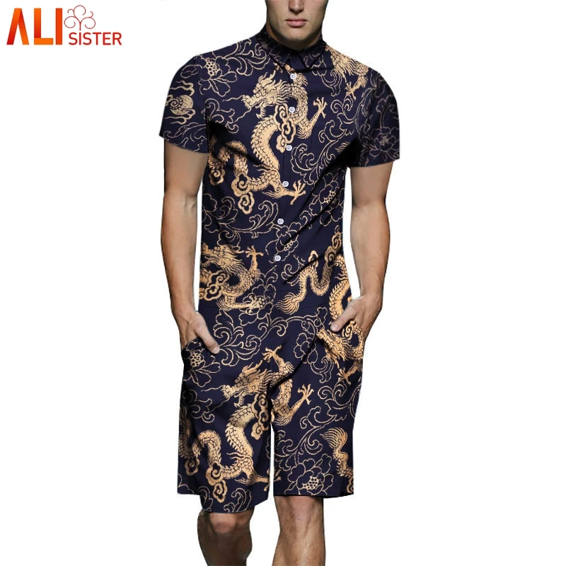 

Alisister Vintage Dragon Print Rompers Mens Summer Beach 3d Hawaii Jumpsuit Short Sleeve Playsuit Harem Cargo Overalls One Piece