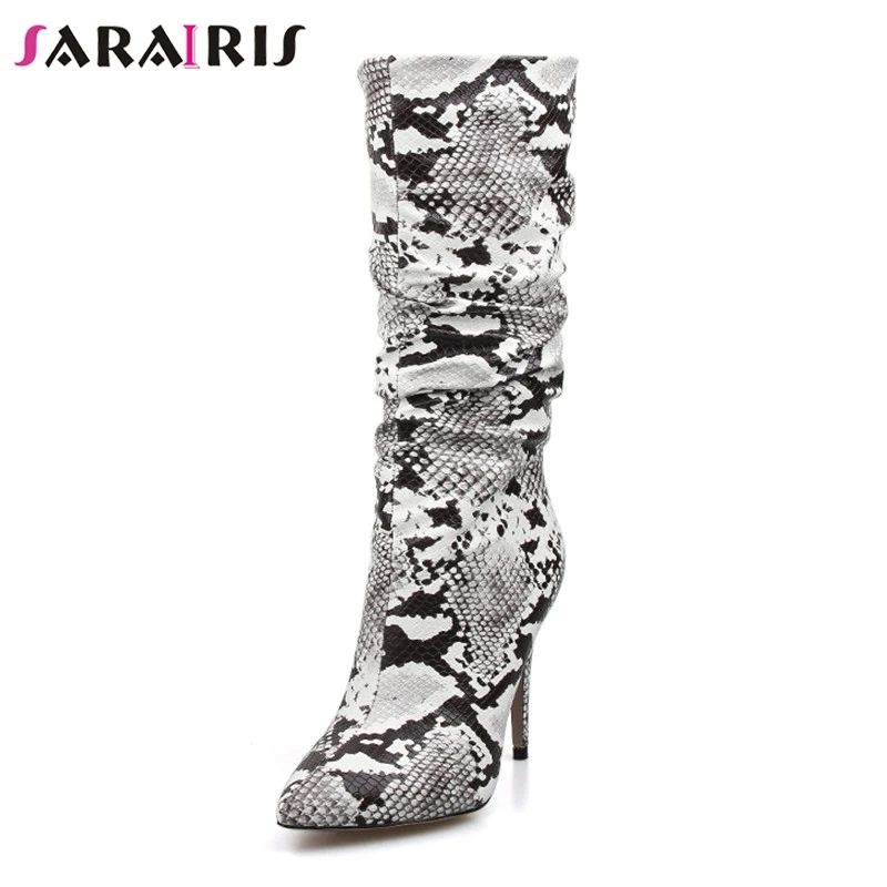 

SARAIRIS Slouch Thigh High Boot Snake Skin Mid Calf Boots Zip Party Sexy High Thin Heel Pleated Pointed Toe Botte Femme Talon