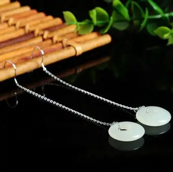 

free shipping >>>>noble jewelry New Style Natural White Jade Sterling Silver Women Luck Circle Dangle Earrings