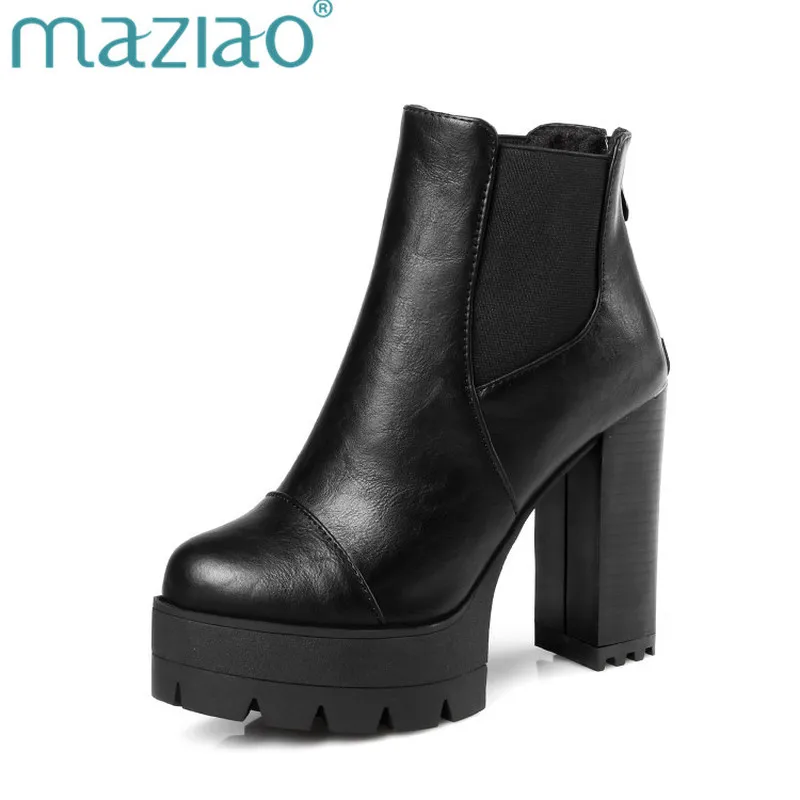 

MAZIAO Hot 2018 Sexy Women Boots Fashion Platform Punk Square High Heels Black Ankle Boots for Woman Brand Design Ladies Shoes