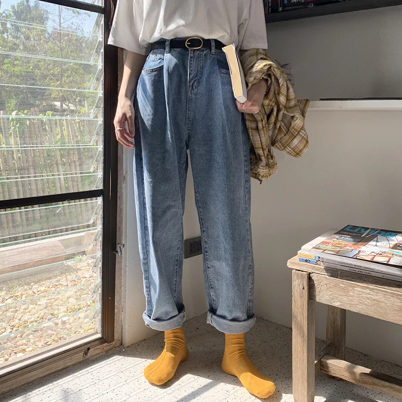 

2019 Spring Summer New Korean Folding Wide Leg Pants High Waist Wide Bf Wind Jeans Pants Full Length Women Jeans Pants