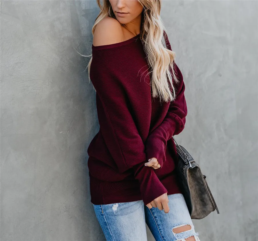 Gladiolus Slash Neck Sexy Autumn Winter Sweater Women 2018  Long Sleeve Loose Casual Long Knitted Pullover Women Sweater Jumpers (21)