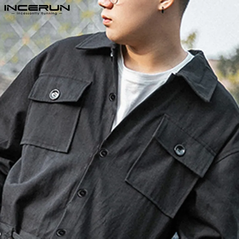 INCERUN, модный мужской комбинезон-карго, в стиле панк, хип-хоп, с карманами, штаны, свободные, одноцветные, с длинным рукавом, комбинезоны, мужской комбинезон, уличная одежда