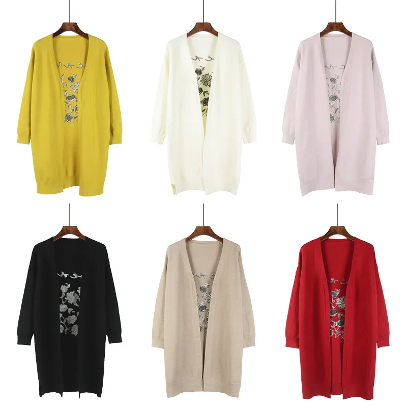 

ALPHALMODA Women Winter Fashion Embroidered Long Cardigans Candy Color V-collar Loose Ladies Grace outfit Jumper