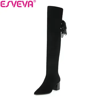 

ESVEVA 2019 Women High Heels Boots Winter Over The Knee Boots Flock Basic Square Heels Riband Autumn Ladies Boots Size 34-43