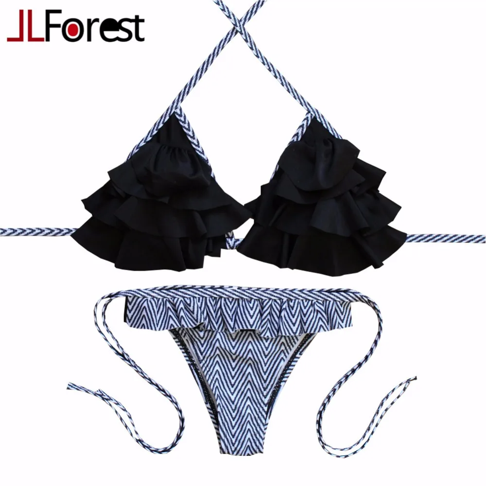 

JLFOREST Black Flounce Ruffle Tops Striped Strappy Bottoms Bikini Set Women 2017 New Sexy Swimwear Push Up Swimsuit Bathing Suit