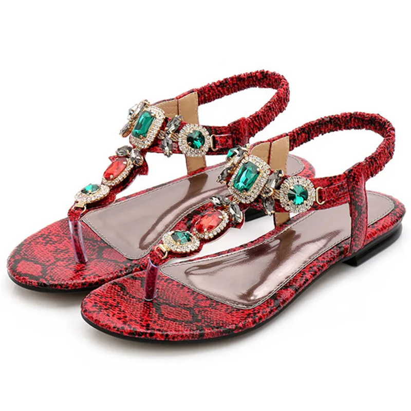 

snake printting roman clip toe sandals women big rhinestone flip flops summer gladiator sandalias women slippers beach shoes