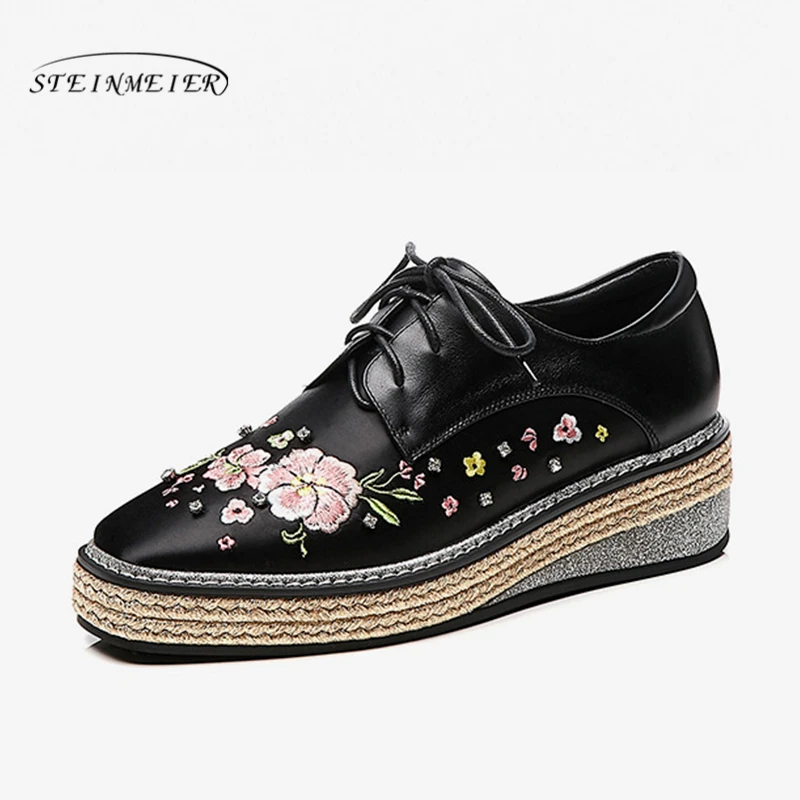 Broderie Dames Femmes Pour Derbies Beige Véritable forme Femme Vintage black Plate Oxford Cuir Appartements Chaussures Casual En De ttxPwqHr1