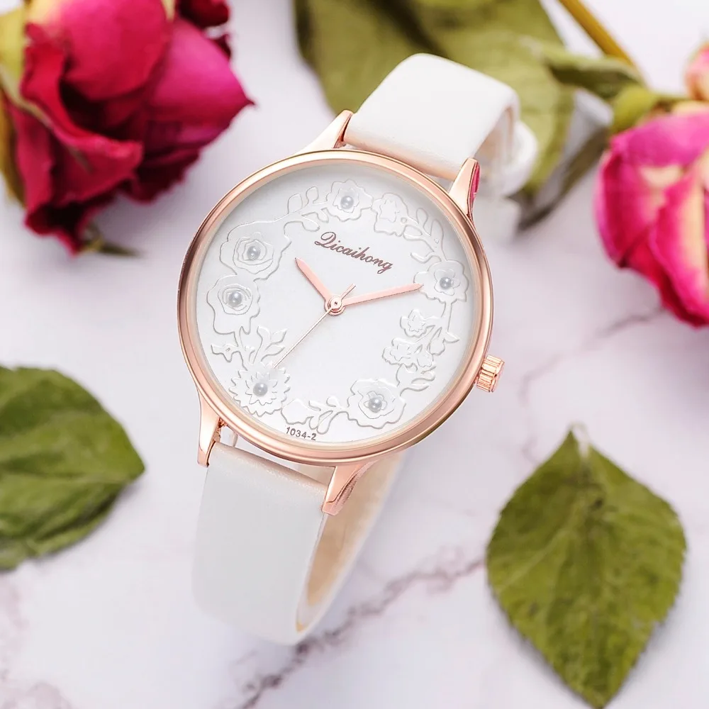 3D Embossed Flowers Watches For Women Pearls Macaron Leather Girls Creative Quartz Clock Ladies Bracelet Wrist Watch