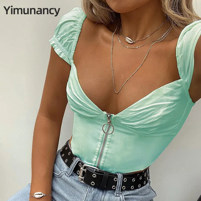 Женский укороченный топ Yimunancy, белый укороченный топ на молнии с v-образным вырезом, лето 2019 Женский укороченный топ Yimunancy, белый укороченный топ на молнии с v-образным вырезом, лето 2019