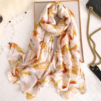 

European Style Exploded Silk Scarf Women Fresh Leaf Pattern Scarves High Quality Shawls And Wraps Thin Soft Winter Scarfs Hijab