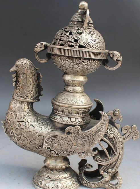 

10" Chinese Dynasty Palace Silver Phoenix Zun Pot Statue incense burner Censer S0708