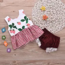 Комплект одежды для новорожденных девочек, футболка с изображением клубники, топы, рубашки, шорты, милый комплект одежды из 2 предметов