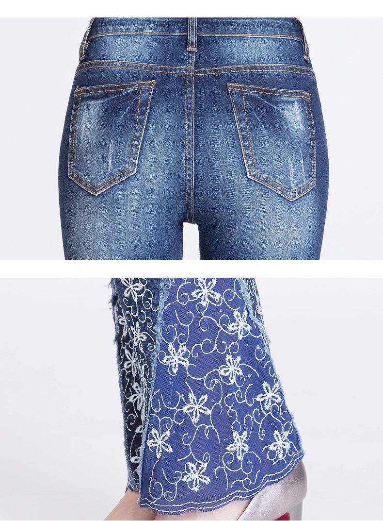 FERZIGE/новые джинсы женские вышитые брюки кружевные брюки-клёш дизайн светло-голубые Стрейчевые джинсы с высокой талией сексуальные женские Mujer 36