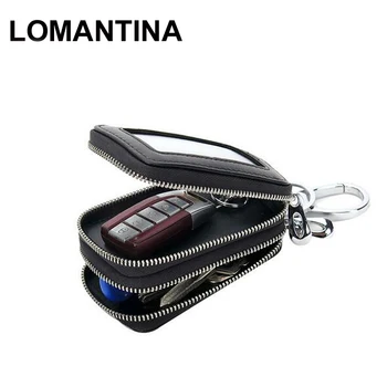 

LOMANTINA Sheepskin Double Zipper Motor Key Case Knitting Men Car Key Holder Genuine Leather Man Organizer Housekeeper