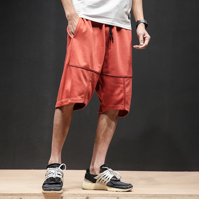 Летние хип-хоп мужские широкие шорты-шаровары лоскутное одеяло до колена хлопковые шорты мужские одноцветные шорты на шнурке