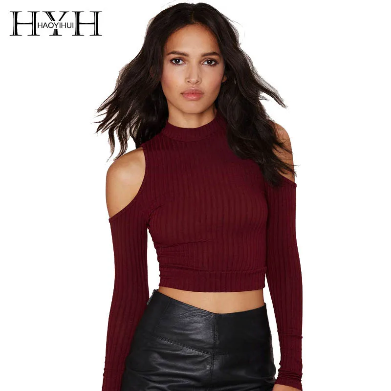 

HYH HAOYIHUI Fashion Women Sweater Solid 2 Colors Cold Shoulder Long Sleeve Crew Neck Jumper Crop Top Sexy Casual Slim Sweater