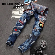 Men’s jeans Micro-chapter Post Slim Men pants patch Punk Stylish Trousers Fake designer clothes Pantalones vaqueros hombre B113