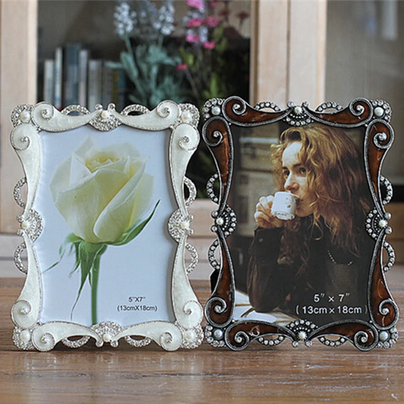 7inch Vintage Rhinestone Pearl Photo Frames Coffee Metal Alloy Picture