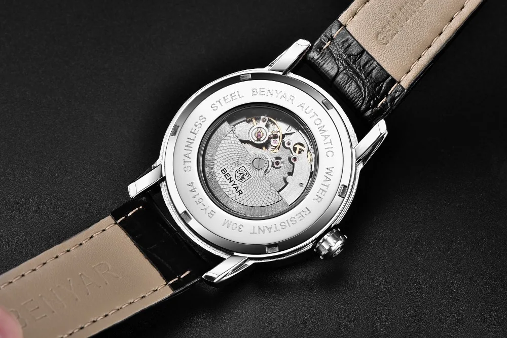 BENYAR 2020 New Fashion Top Luxury Brand Leather Watch Automatic Men Wristwatch Men Mechanical Steel Watches Relogio Masculino