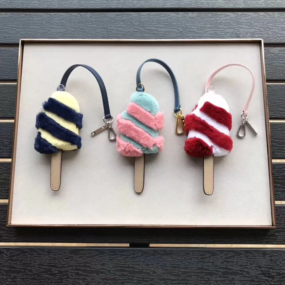 

Famous Brand Fluffy Genuine Real Rabbit Fur Ice Cream Keychain Pompom Key Chain Pendant Women Bag Charm Accessories Gifts