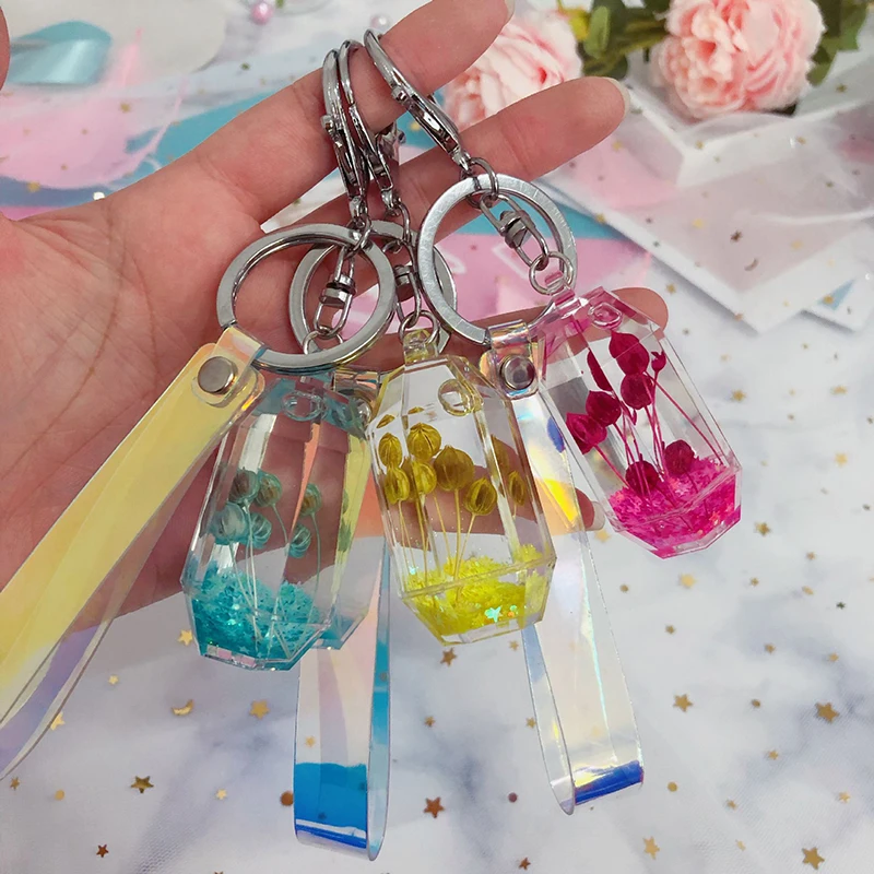 

Unique Delicate Colorful Dried Flowers Quicksand Liquid Keyring Acrylic Pendant Keychain Transparent Drift Bottle Jewelry Gift