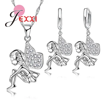 

New Fashion Angel Girls Jewelry Sets With Necklace Earrings Silver Color Jewelry Set For Women Party Accessory