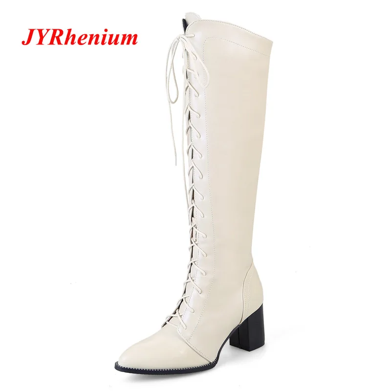 

2018 Plus Sizes 34-43 Lace-up Zipper Fashion Style Cool High Heels Knee-High Boots Woman Winter Shoes Warm Soft Fur Snow Boots