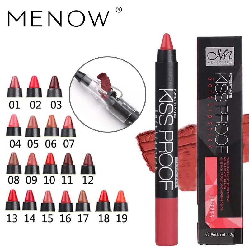 

Menow 19 Color KISS PROOF Sexy Beauty Waterproof Lipstick Pen Lasting Do Not Fade Lipstick Gift 1Pcs Pencil Sharpener P13016