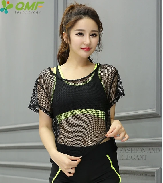 Black See Through Mesh Running Shirts White Short Sleeves Sports Yoga