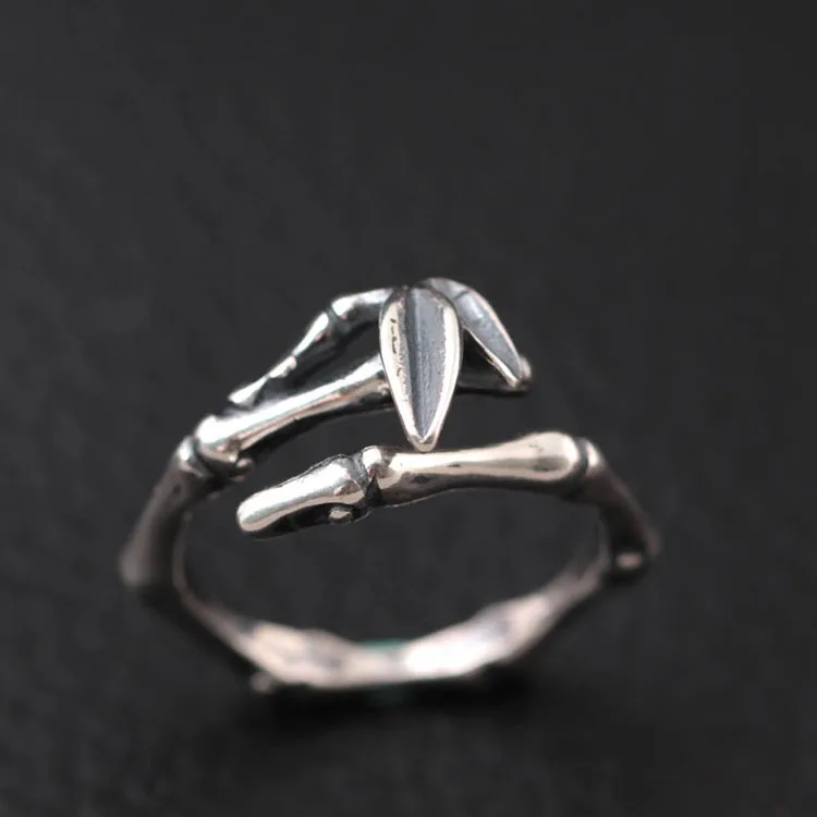 

925 Sterling-silver-jewelry Vintage Style Bamboo Open Rings For Women Do The Old Lady Prevent Allergy Accessories Bague Femme