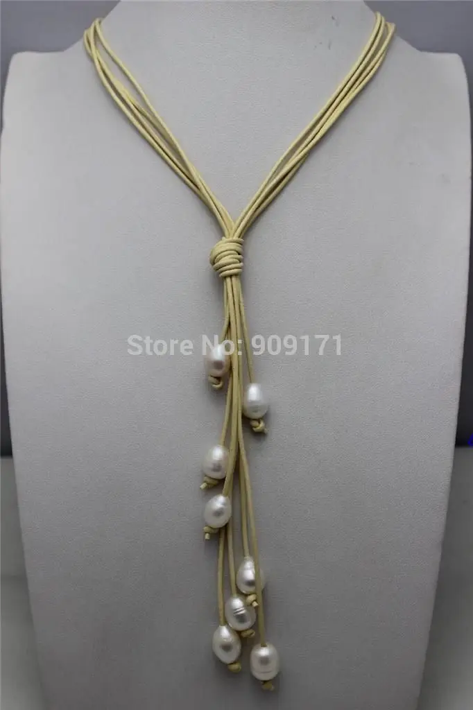 

Free Shipping>>4Strands Genuine Leather white Freshwater Pearl Necklace 20" Alloy Beauty