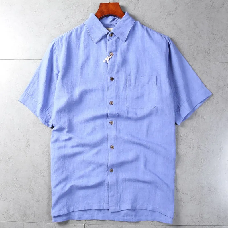 Винтажная Мужская шелковая льняная летняя рубашка с коротким рукавом, дышащая Свободная рубашка, США, плюс размер, Однотонная рубашка с отложным воротником