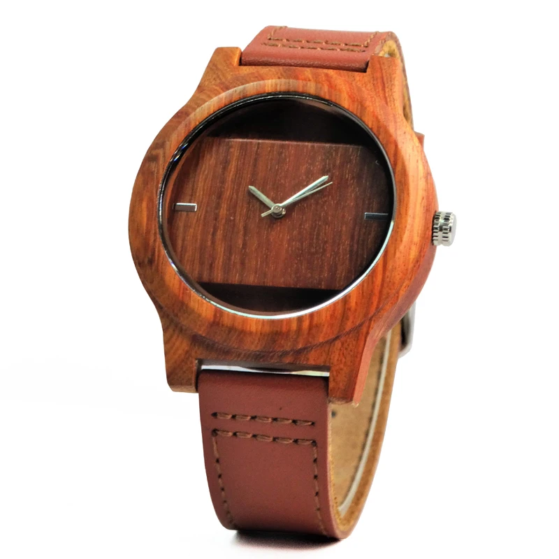 

2017 Hollow Out Design Red Rectangle Wooden Watch For Men And Women With Japan MIYOTA Movement Genuine Leather Watchband