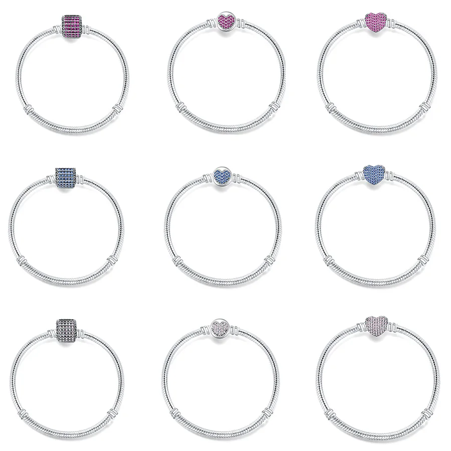 

9 Style Silver Basic Chain Love Pink/Red/Blue Crystal Cz Round Clasp Bracelets for Charms Beads & Pendants For Women