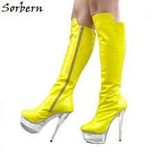 Sorbern/прозрачные женские сапоги на каблуке 15 см, большие размеры 35-46, женские сапоги до колена из лакированной кожи, Botas Mujer, обувь на платформе ботинки