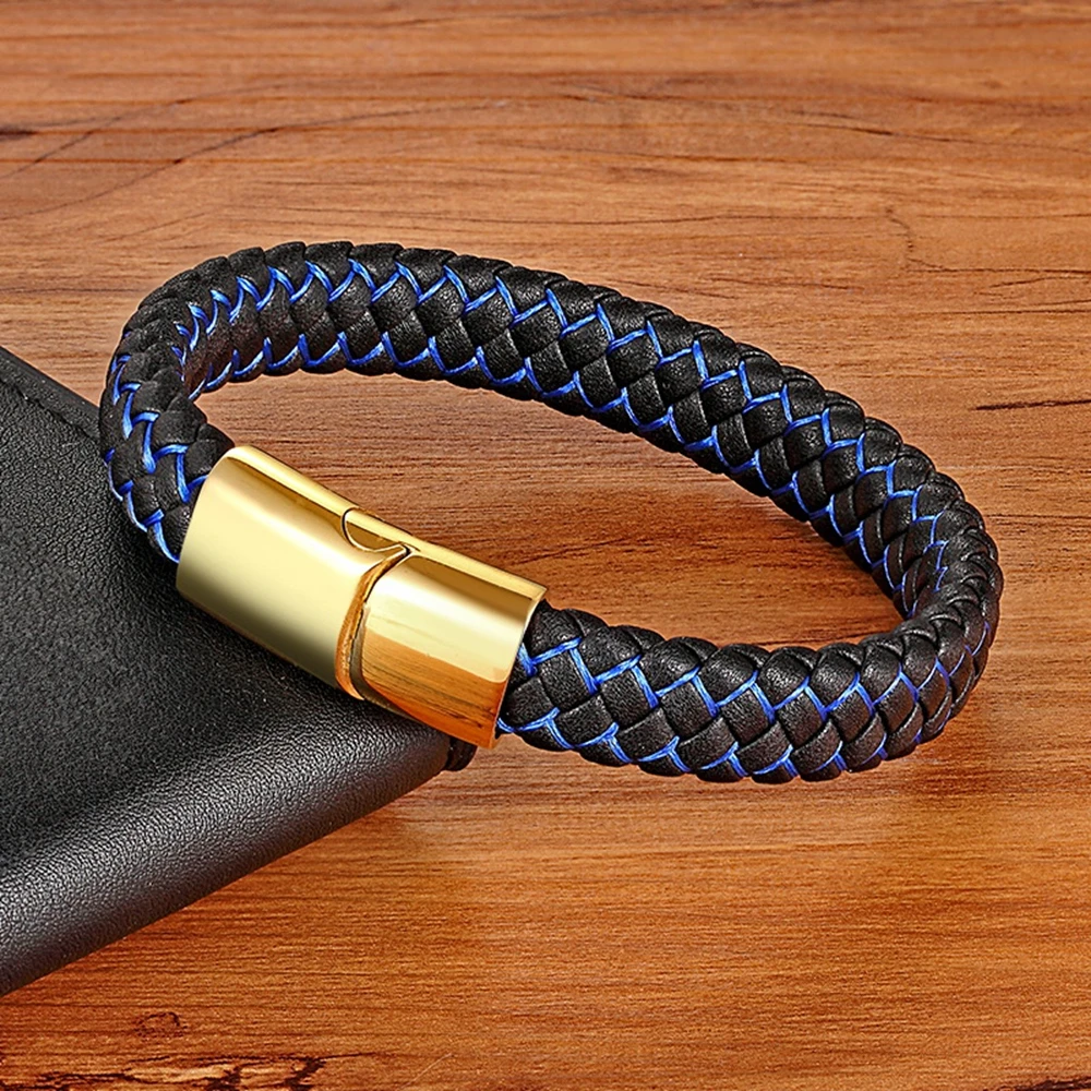New Men Jewelry Punk Black Blue Braided Leather Bracelet for Men Stainless Steel Magnetic Clasp Fashion Bangles Gifts 6 Colors