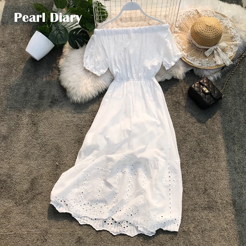 

Pearl Diary 2019 Women Summer Off Shoulder Solid White Sexy Elegant Party Night Beach Dress