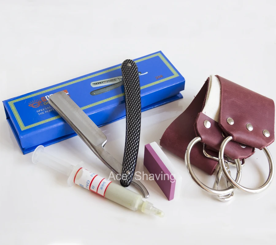 Barber Shaving Set Folding Knife Straight Razor Blade Sharpening Paste Leather Strop Stone Beard Brush