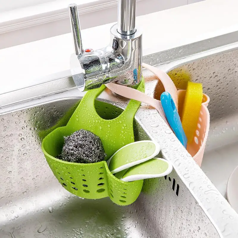 

Eco-feiendly Kitchen Sink Sponge Storage Hanging Basket Adjustable Snap Button Type Drain Rack Faucet Storage Baskets