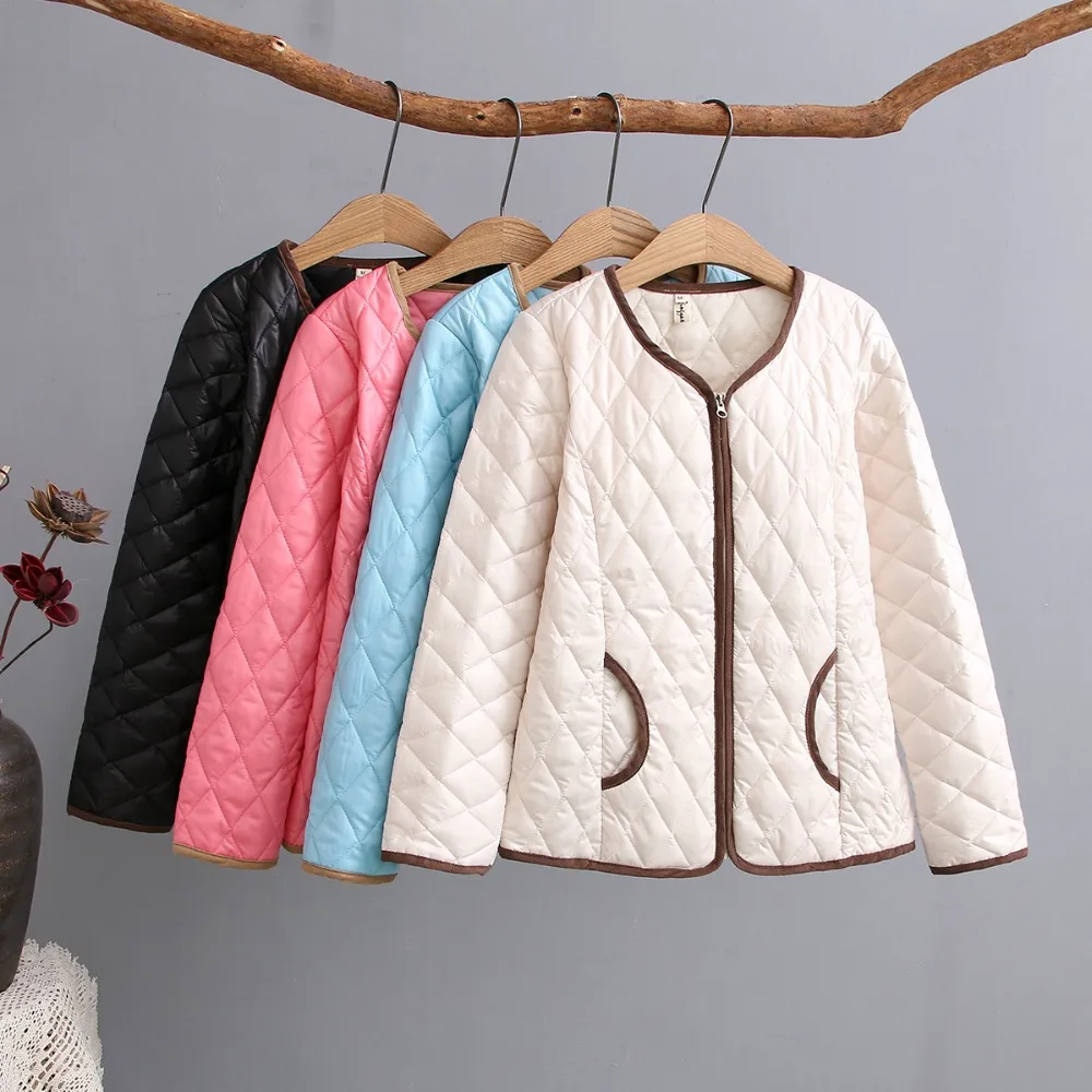 

Plus size thin women O-neck jacket 2019 New Winter casual ladies Zipper Ultra Light cotton coat female Black pink sky-blue Ivory