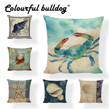 

Retro Coast Beach Pillowcase Nautilus Scallop Sea Star Conch Sea Turtle Watercolor Lobster 17In Cushion Cover Home Office Decor