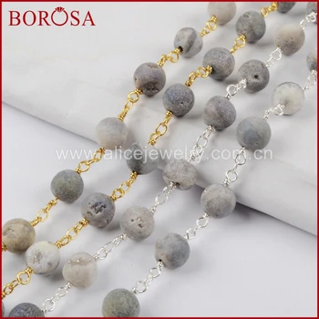 

BOROSA New Gold Plated Or Silver Color 8mm Round Agates Titanium AB Druzy Beaded Chains for Fashion Necklace Jewelry DIY JT159
