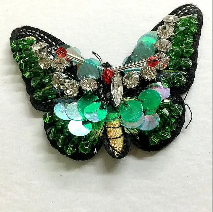 Зеленая бабочка с блестками брошь со стразами и бусинами нашивки аппликация вышитая ткань пришивная нашивка для украшения одежды